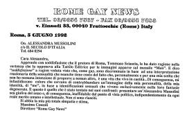 Comunicato stampa indirizzato ad Alessandra Mussolini il 5 giugno 1992