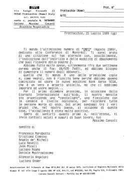 Lettera di Massimo Consoli a Francesco Marabotto, Cristiana Cimmino, Angelo de’ Micheli, Luca Revelli, Jvan Miceli, Luciano Ragno, Daniele Mastrogiacomo, Giancarlo Angeloni, Luciano Onder.