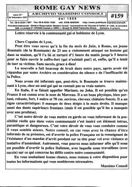 «Rome Gay News», n. 159: "Lettre réservée à la communauté gai et lesbienne de Lyon"