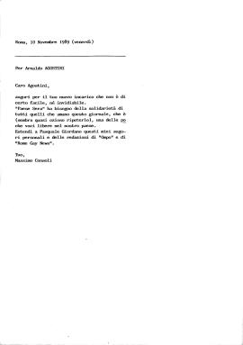 Lettera di auguri di Massimo Consoli a Arnaldo Agostini