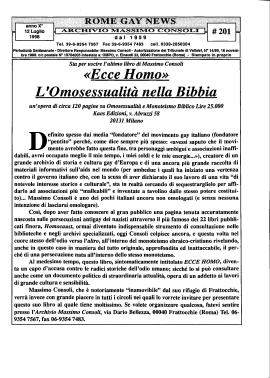 «Rome Gay News», n. 201: "Ecce Homo, l'omosessualità nella Bibbia"