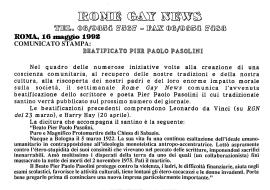 Comunicato Stampa del 16 maggio 1992: ”Beatificato Pier Paolo Pasolini”