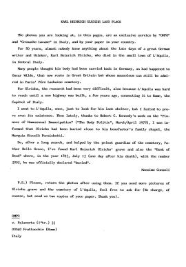Lettera di Massimo Consoli in lingua inglese relativa alla sepoltura di Karl Heinrich Ulrichs