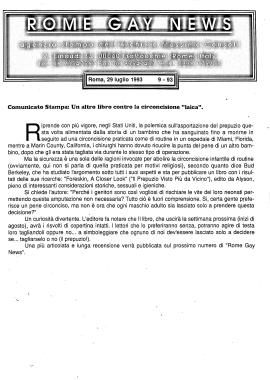 Comunicato Stampa del 29 luglio 1993 pubblicato su Rome Gay News: un altro libro contro la circoncisione “laica”;