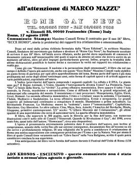 Comunicato stampa: “Massimo Consoli firma il contratto per il suo 16° libro, ‘ECCE HOMO’, storia (e preistoria) dei rapporti tra cristianesimo e omosessualità”